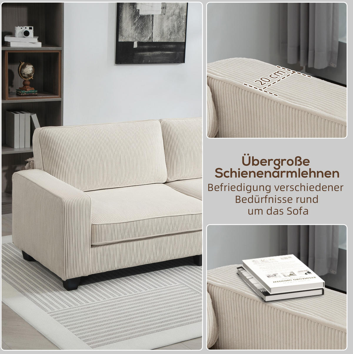 3-SITZER-SOFA 227/84/87 cm mit Federkern, Cordbezug und gepolsterten Armlehnen, Cremeweiß - Weiß, Holzwerkstoff (227/87/84cm) - Redom