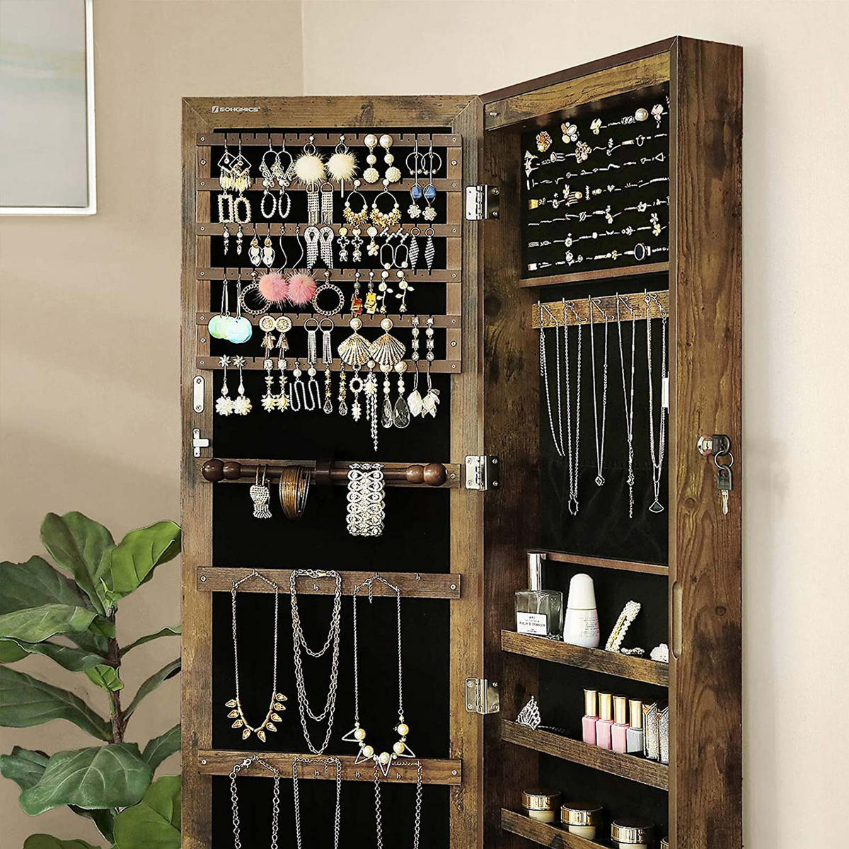 SCHMUCKSCHRANK GANZKÖRPERSPIEGEL - Braun, Holzwerkstoff (10/37cm) - Hansiro