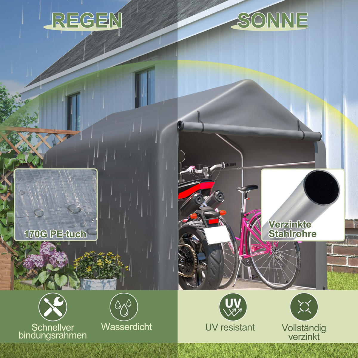 FAHRRADGARAGE, Reißverschlusstür Lagerzelt - Silberfarben, Metall (160/165/220cm) - BEXEVUE