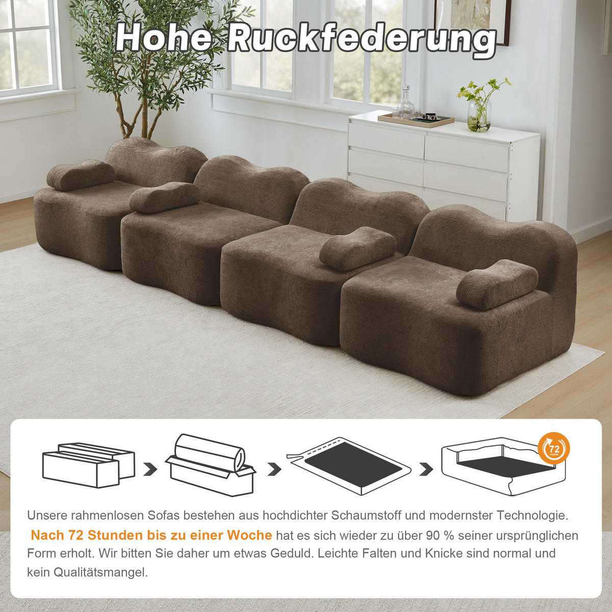 4-SITZER Sofa 384x98x70 cm aus Samtstoff rahmenlos modular, braun - Braun, Textil (98/70/384cm)
