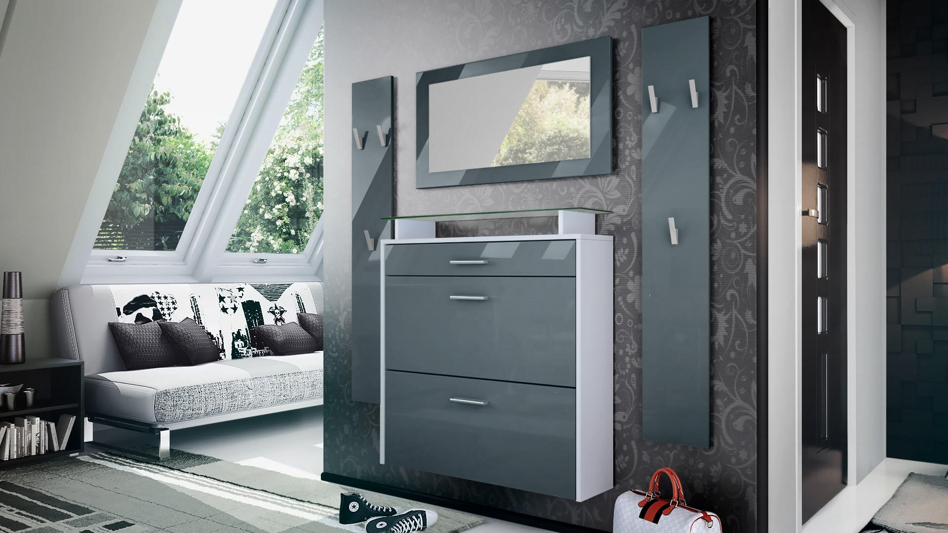 GARDEROBE Malea Front in Grau Hochglanz - Grau, Holzwerkstoff (180/180/23cm) - Vladon