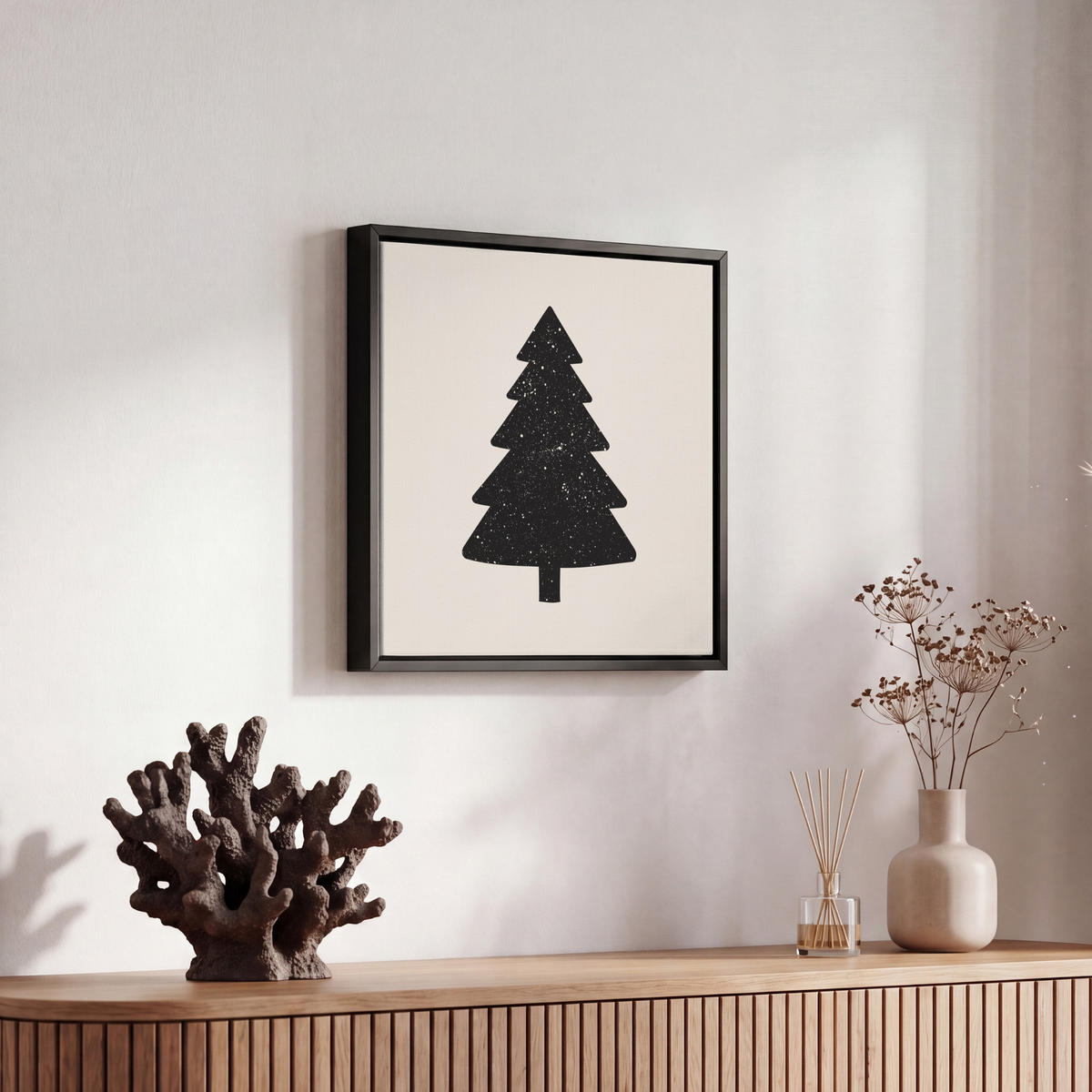 LEINWAND Bilder mit Rahmen - Weihnachtsbaum - Schwarz - Urlaub - Beige - 20x20 - Schwarz, Textil (20/20cm) - MuchoWow