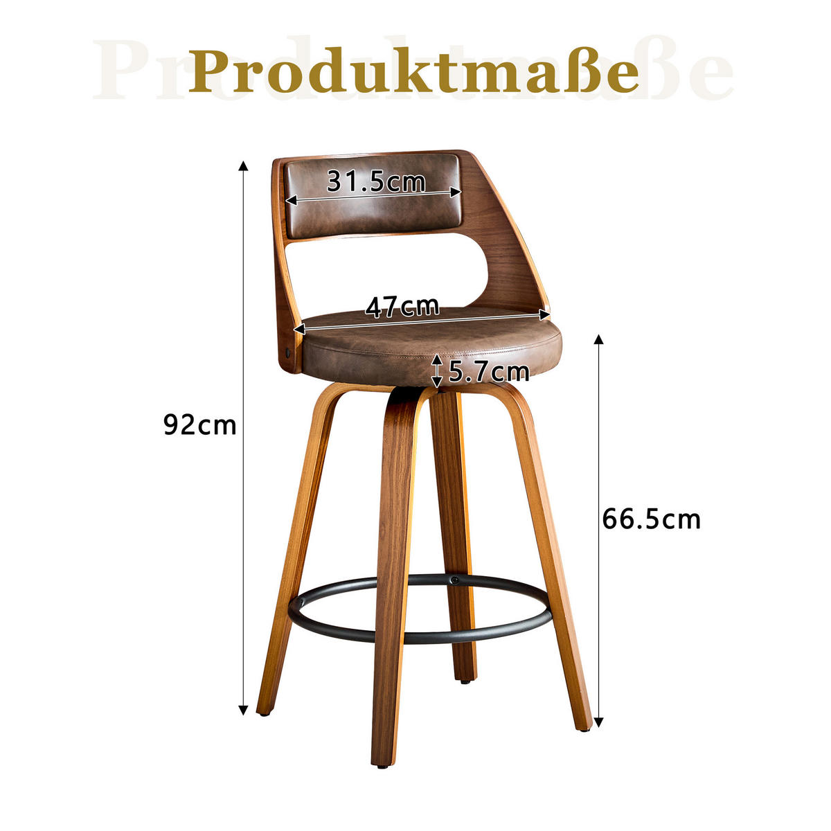 BARHOCKER Braun 2er-Set mit Holzgestell PU-Leder und Rückenlehne - Braun, Holz (47/92/47cm) - PANGIVO