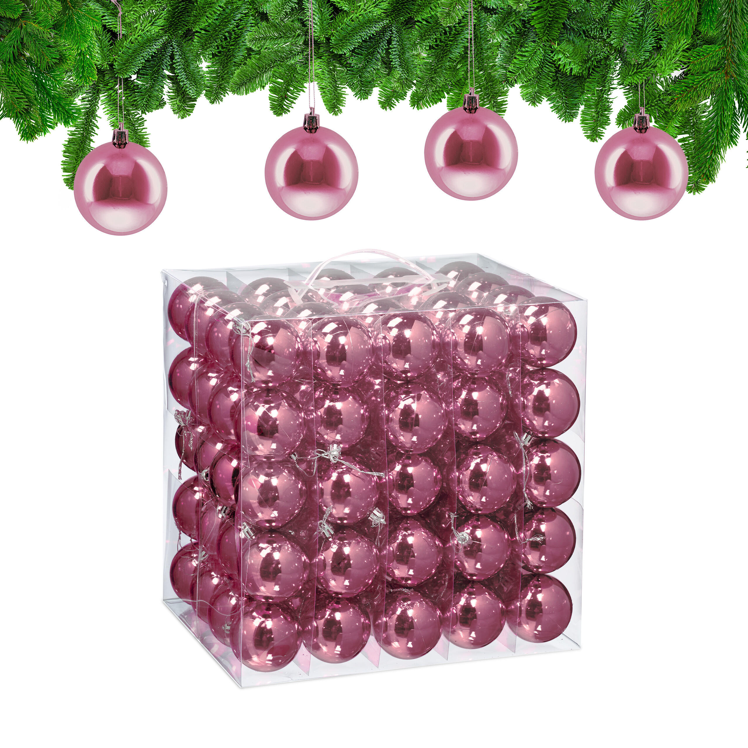 100XWEIHNACHTSKUGELN - Rosa, Kunststoff (6/7/6cm) - Relaxdays