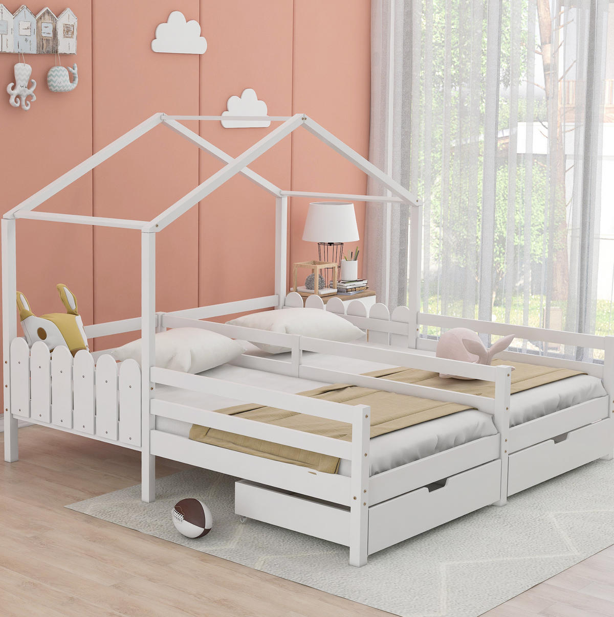 KINDERBETT Hausbett 2 x 200/90 cm mit 2 Schubladen, Schutzgitter gestell, Weiß - Weiß, Holzwerkstoff (90/200cm) - Redom