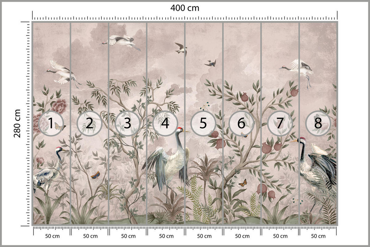 FOTOTAPETE für Schlafzimmer Kraniche Bäume Tropische Blumen Büsche 400x280 - Beige/Rot, Papier (400/280cm) - Muralo