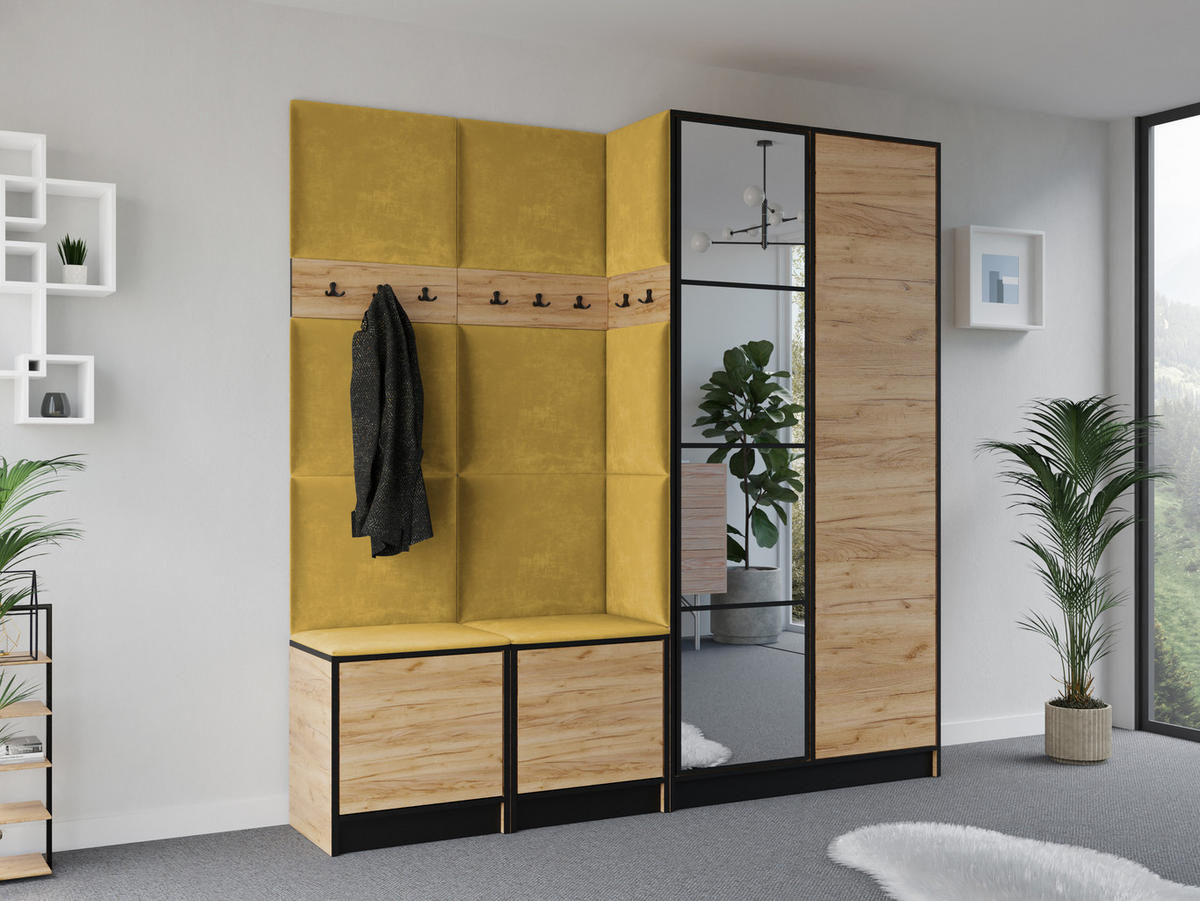 GARDEROBENSCHRANK EDEN 21 mit Spiegel - Eiche Craft Gold & Stoff Gelb - Honigeiche/Gelb, Holzwerkstoff (211/205/39cm) - Kier Furniture