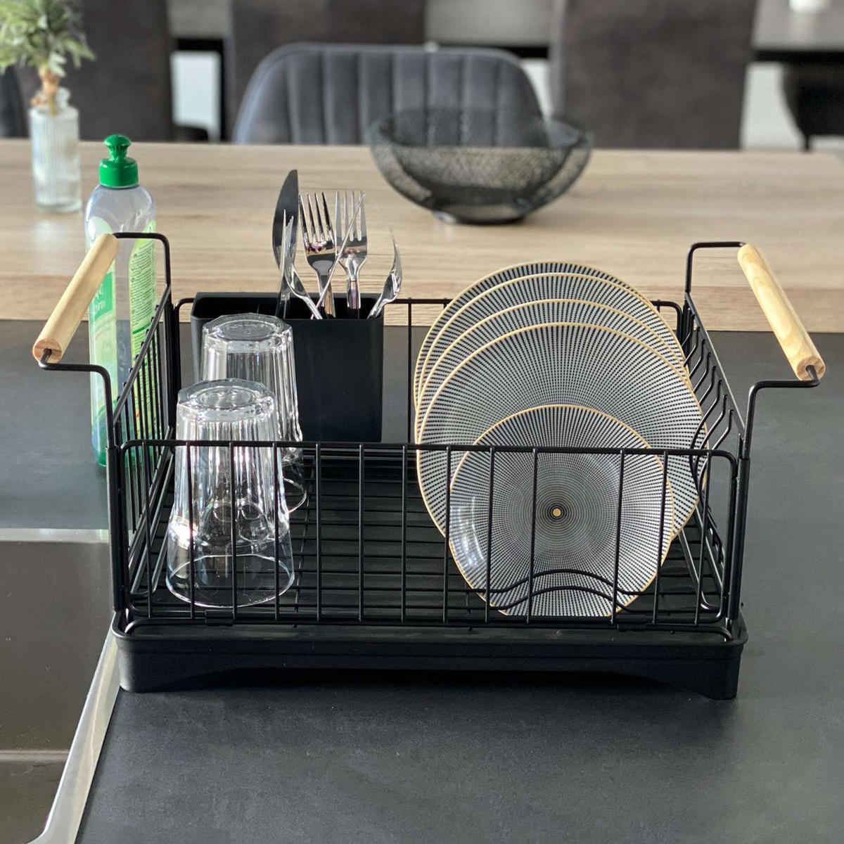 GESCHIRR-ABTROPFGESTELL mit Abtropfschale - Schwarz, Metall (29/23.5/50cm) - Intirilife