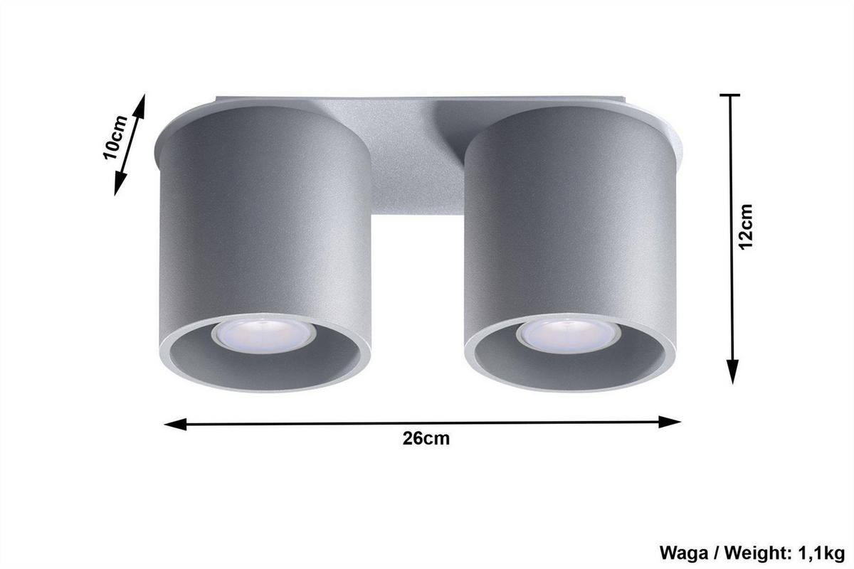 DECKENLEUCHTE Aluminium Grau 2-flammig - Grau, Metall (26/10/12cm) - Sollux Lighting