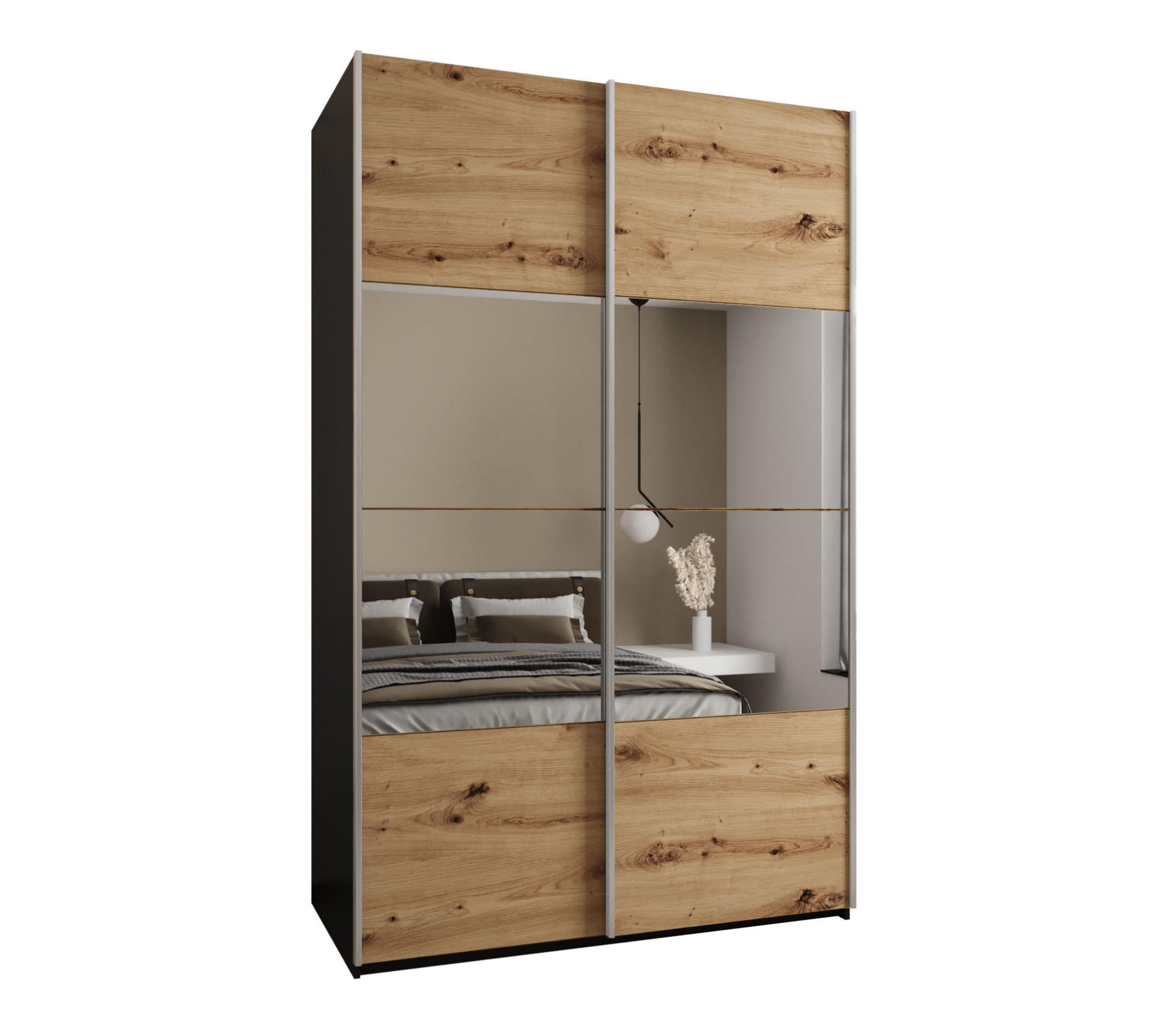 Abiks Möbel Schwebetürenschrank Schwarz, Eiche Artisan, Silber 160x245x64 cm