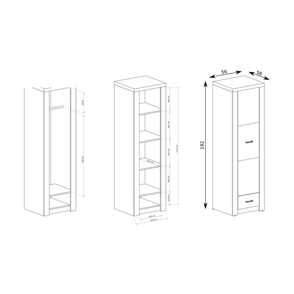 KLEIDERSCHRANK Indianapolis I-2 1-türig 56 x 192 x 58 cm Esche hell - Braun, Holzwerkstoff/Metall (56/192/58cm) - Koseto