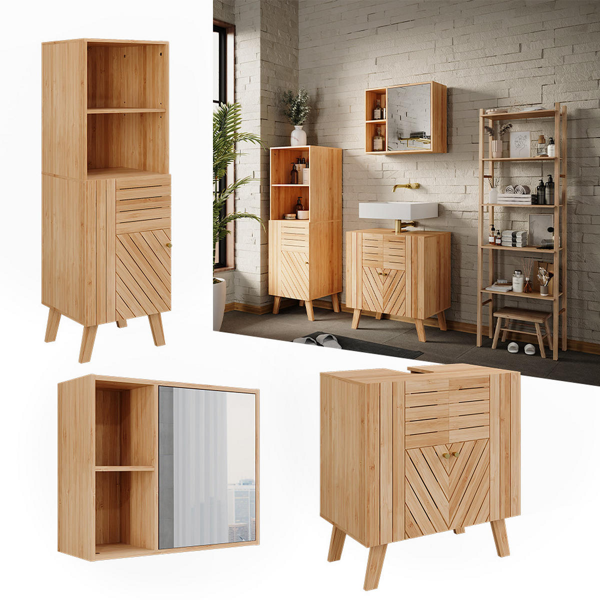 BADMÖBEL-SET Lucie Bambus 3 Teile, mit Midischrank - Grün, Holzwerkstoff (60/65/36cm) - Vicco