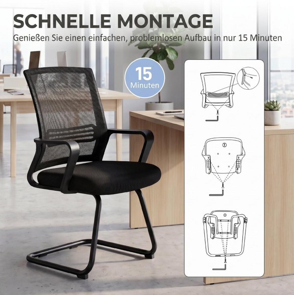 BESUCHERSTÜHLE im 2er-Set in Schwarz 57,5x58,5x93 cm mit Netzrückenlehne und Kufengestell - Schwarz, Textil (58.5/93/57.5cm) - IVMEU