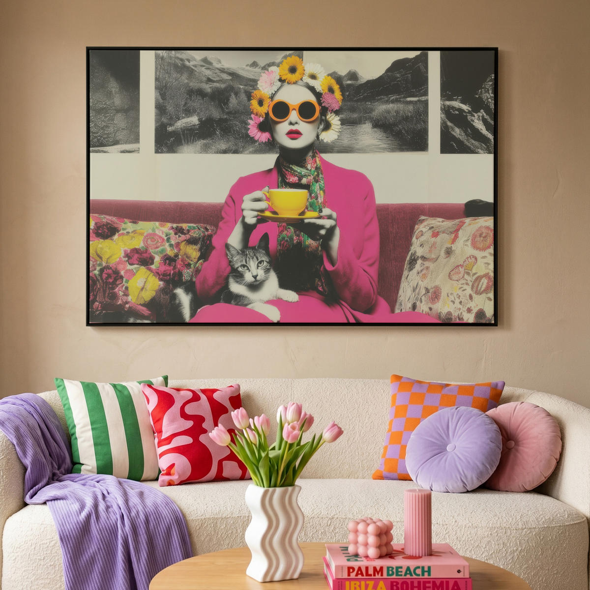 LEINWAND Bilder mit Rahmen - Frau - Katze - Blumen - Tasse - Retro - 150x100 - Magenta, Textil (150/100cm) - MuchoWow