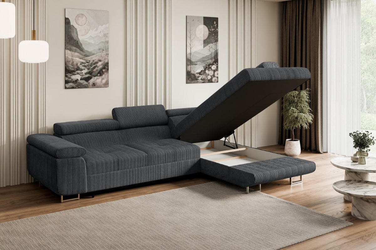 ECKSOFA mit Schlaffunktion und Bettkasten GUSA-L 272x202x107 cm Grau Cord - Dunkelgrau/Silberfarben, Holzwerkstoff/Textil (272/202cm) - ALTDECOR