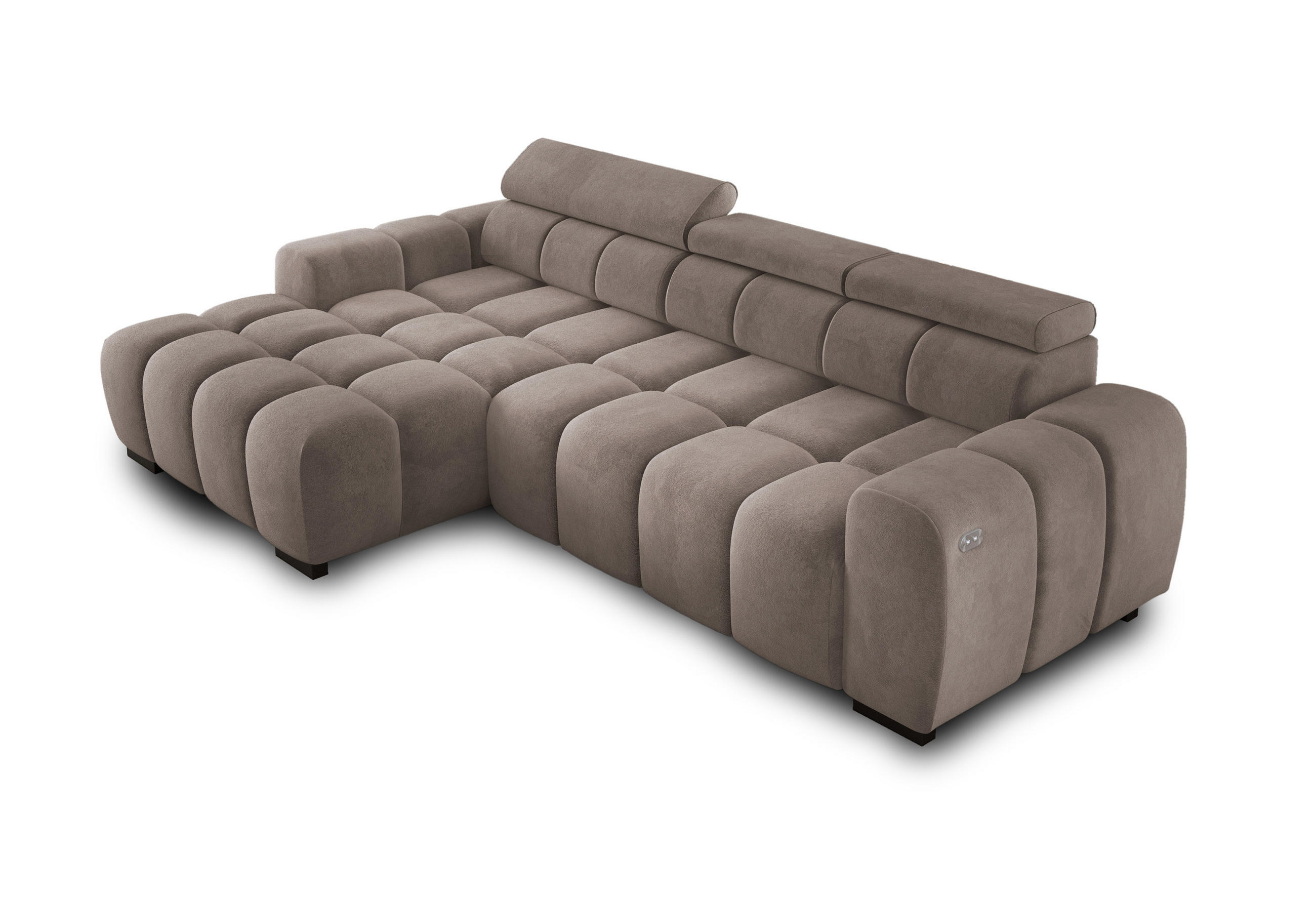 ECKSOFA OMBO 285x168x77/97 cm, Links, Schlaffunktion, elektr. Sitz, Kopfstützen, Buche dunkel, hydrophober SALVADOR-Stoff – Grau - Cappuccino, Holz/Textil (168/285cm) - DomoHome