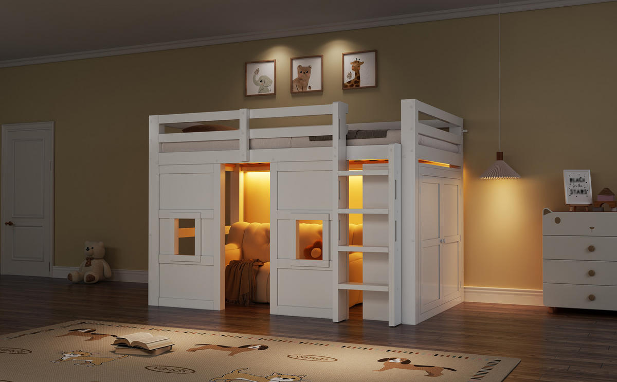 HOCHBETT 90/200 cm in Weiß mit Kleiderschrank, LED und 2 Fenstern - Weiß, Holzwerkstoff (90/200cm) - STILVORA