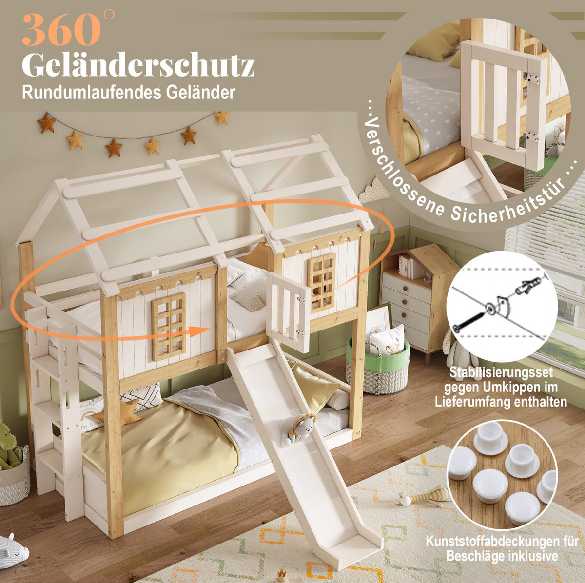 ETAGENBETT aus Holz 90x200 cm Weiß/Natur mit Rutsche und beidseitig montierbarer Leiter - Weiß, Holz (90/200cm) - Modfu