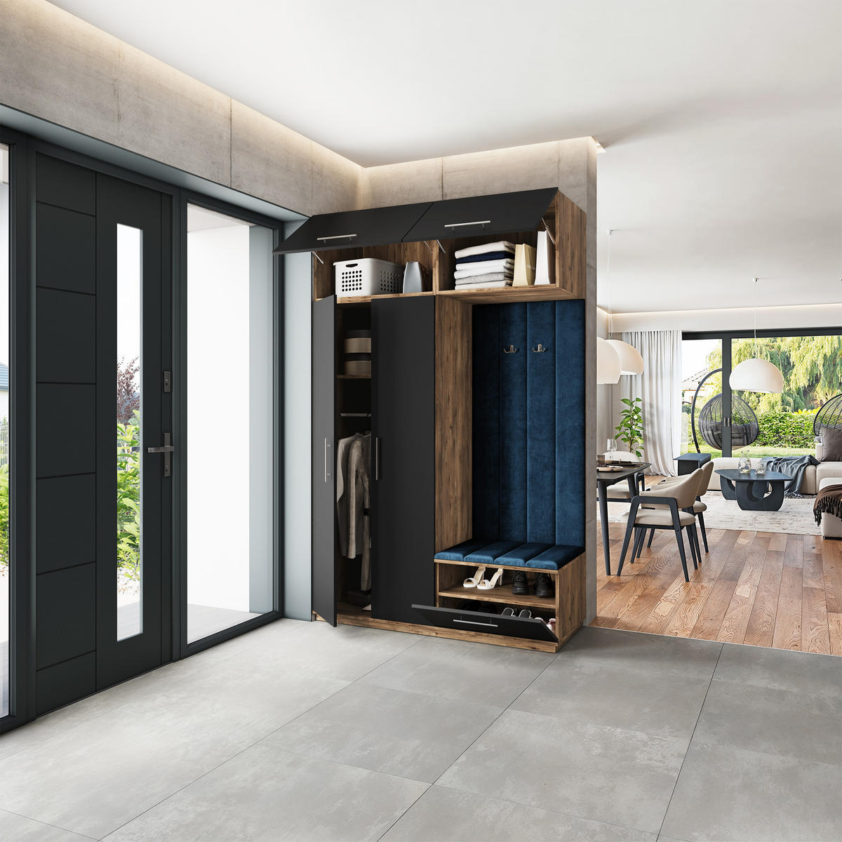 GARDEROBENSCHRANK REMA 150/240/60 cm Modern Garderobe-Set Eiche Lefkas - Blau/Eichefarben, Holzwerkstoff (150/240/60cm) - MASSENO