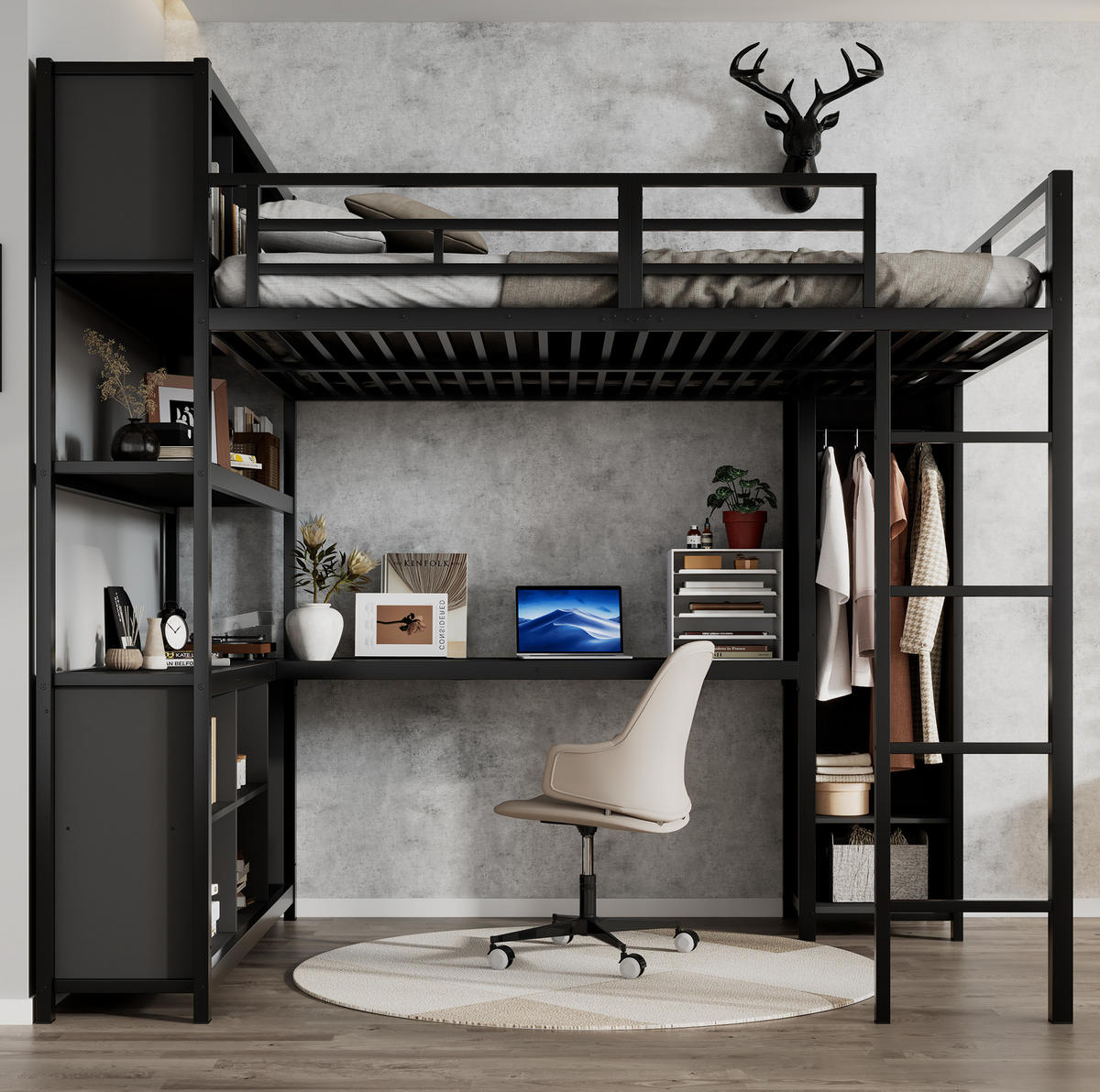 HOCHBETT aus Eisen und Spanplatte 140x200 cm Schwarz mit Schreibtisch, Kleiderschrank und Stauraum - Schwarz, Metall (140/200cm) - IVMEU
