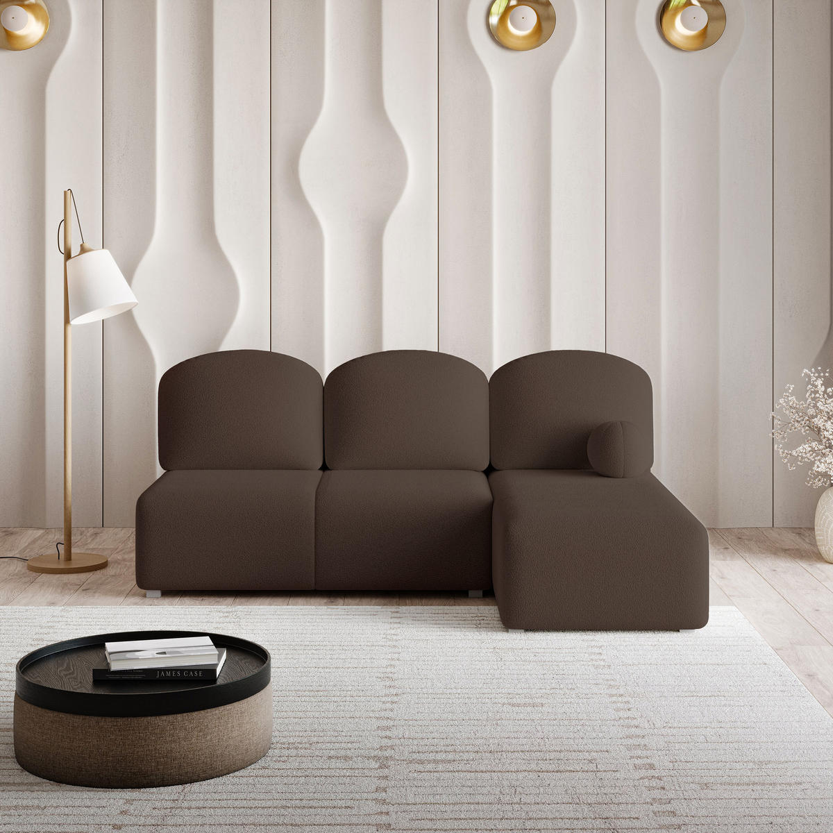 ECKSOFA TRAMA Braun Boucle-Stoff mit Schlaffunktion - Braun, Holz (200/143cm) - MASSENO