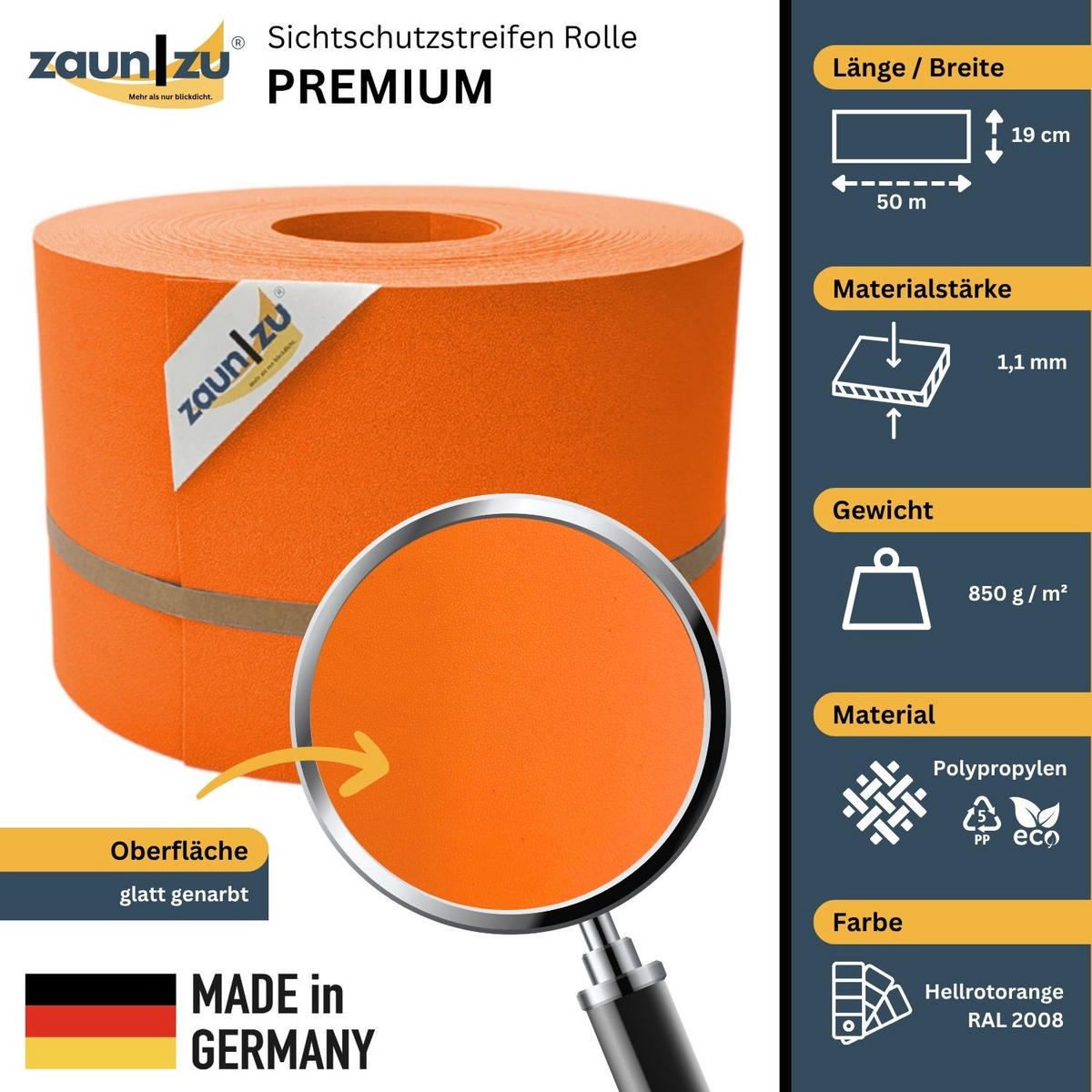 SICHTSCHUTZSTREIFEN Premium für Doppelstabmatten Zaunblende Orange, 50m - Orange, Kunststoff (5000/19cm) - ZAUN|ZU