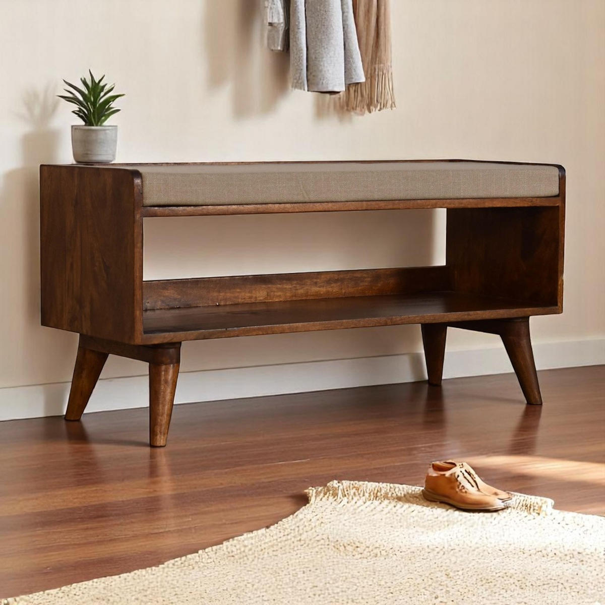 SCHUHBANK Massivholz Mud Leinen Nordic, Gepolsterte Sitzfläche und Offenes Regal zur Aufbewahrung, Dunkelbraun - Beige/Dunkelbraun, Mangoholz/Holz (90/45/34cm) - Artisan Furniture