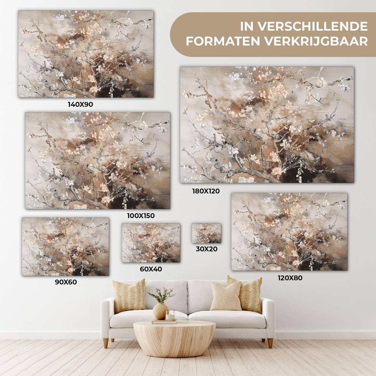 LEINWANDBILD Mandelblüte - Kunst - Van Gogh - Beige - Abstrakt Wohnzimmer Groß 120x80 cm - Braun, Textil (120/80cm) - MuchoWow