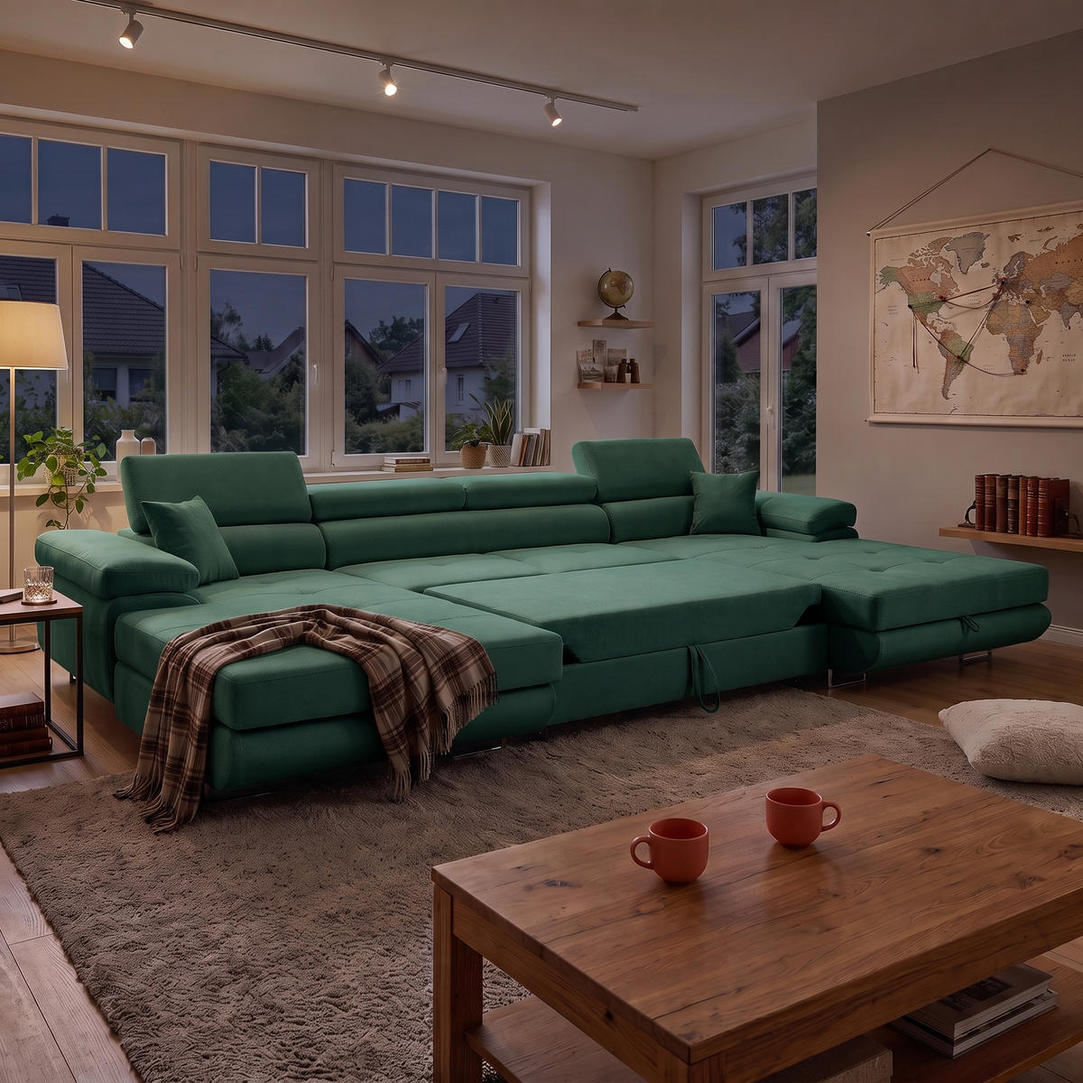 ECKSOFA U-Form ALONZO U mit Schlaffunktion 130x280 Velours Grün - Silberfarben/Grün, Holz/Textil (350/90/203cm) - Muffo