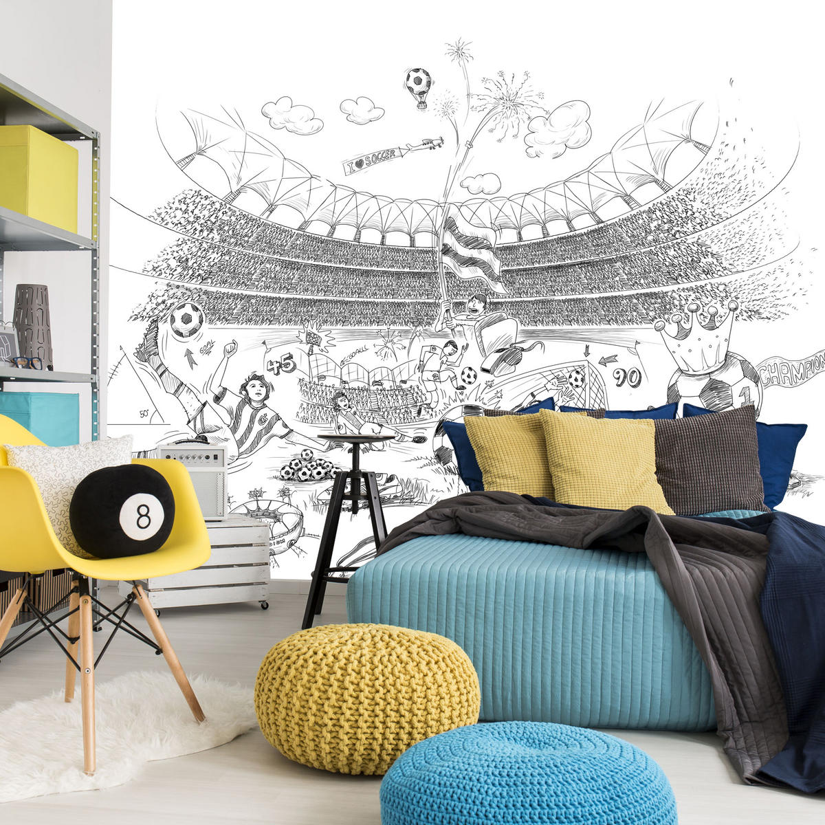 FOTOTAPETA Pre Detskú Izbu Futbalový Štadión Skica Hráč Lopta Pohár Šport 450 x 315 cm - sivá/biela, papier (450/315cm) - Muralo