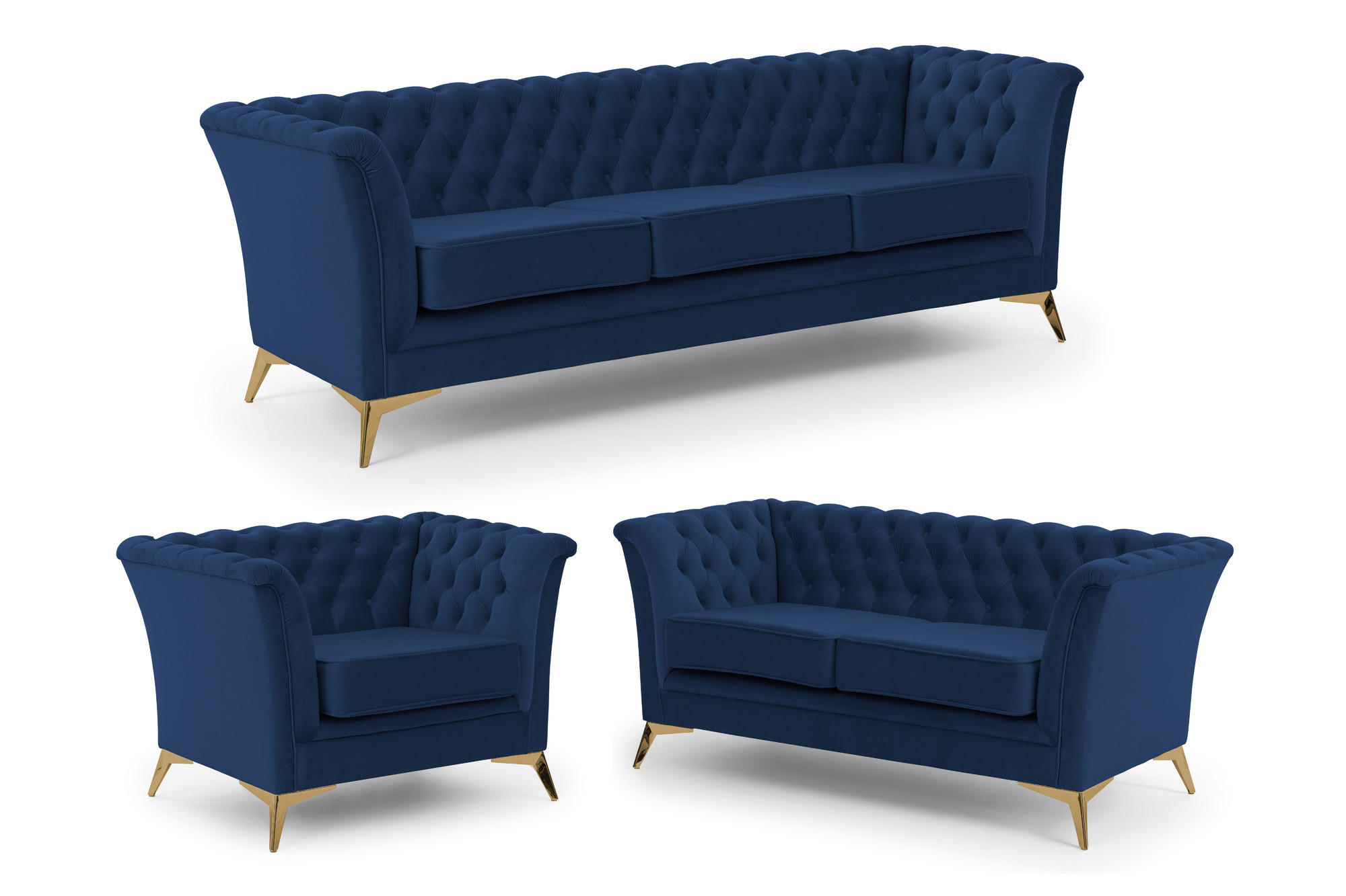 SITZGARNITUR 3+2+1 Chesterfield Whitby Marineblau Samt mit goldenen Füßen - Blau/Goldfarben, Holz/Textil (237/78/82cm) - S-Style Möbel