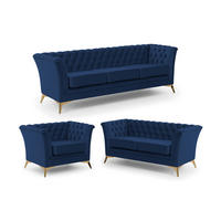 SITZGARNITUR 3+2+1 Chesterfield Whitby Marineblau Samt mit goldenen Füßen - Blau/Goldfarben, Holz/Textil (237/78/82cm) - S-Style Möbel