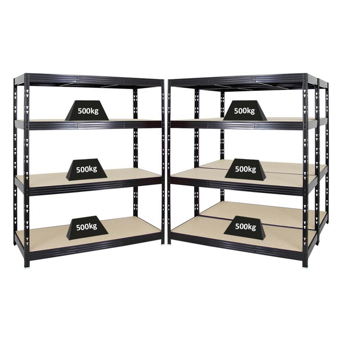 SCHWERLASTREGAL Rhino 3er-Set mit 3x 180x160x60 cm 4 Spanplatten-Ebenen 8mm Fachlast 500 kg Schwarz - Schwarz, Metall (480/180/60cm) - PROREGAL