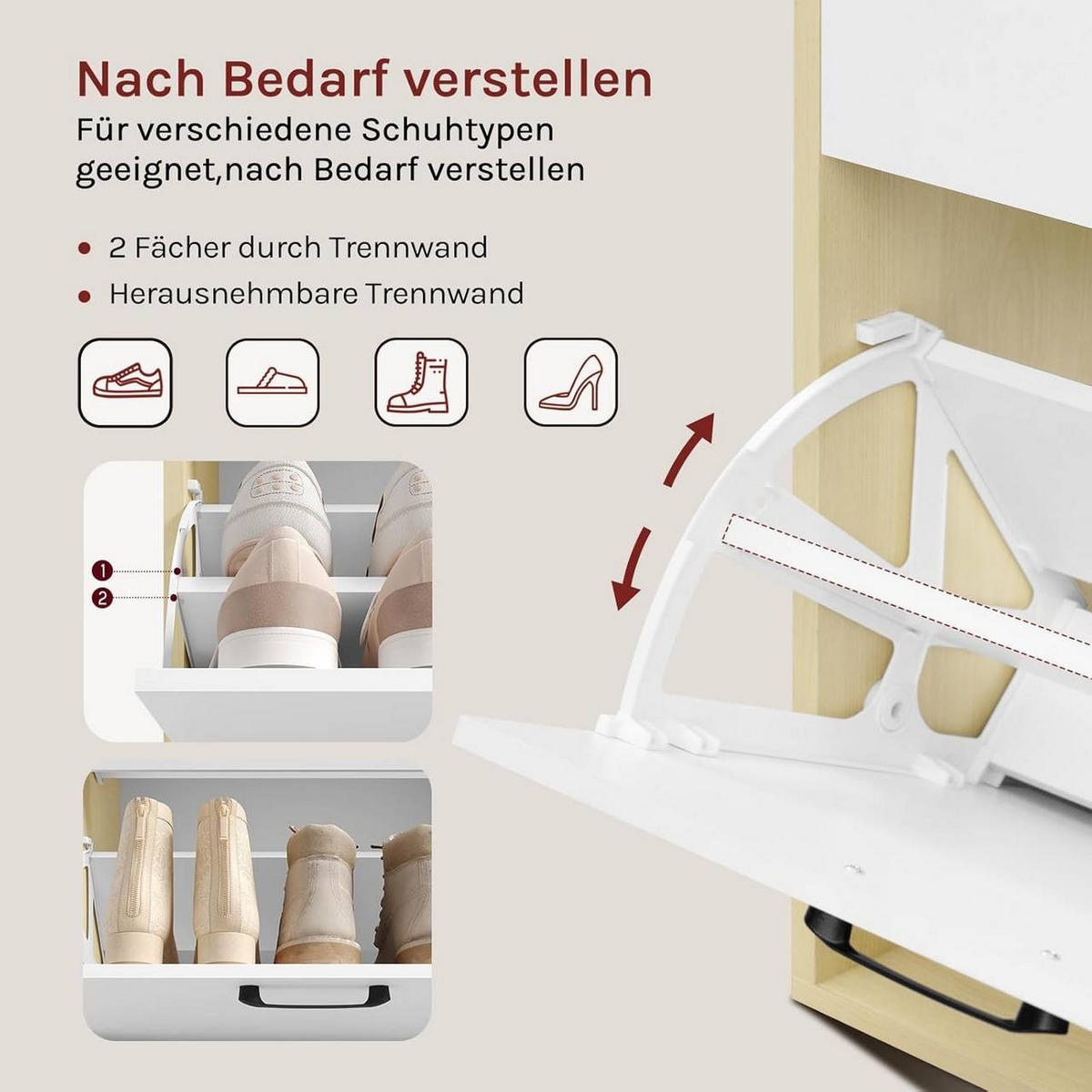 SCHUHSCHRANK mit 2 Klappfächern, Weiß+Naturholzfarbe - Weiß/Naturfarben, Holzwerkstoff/Kunststoff (80/90/30cm) - Woltu