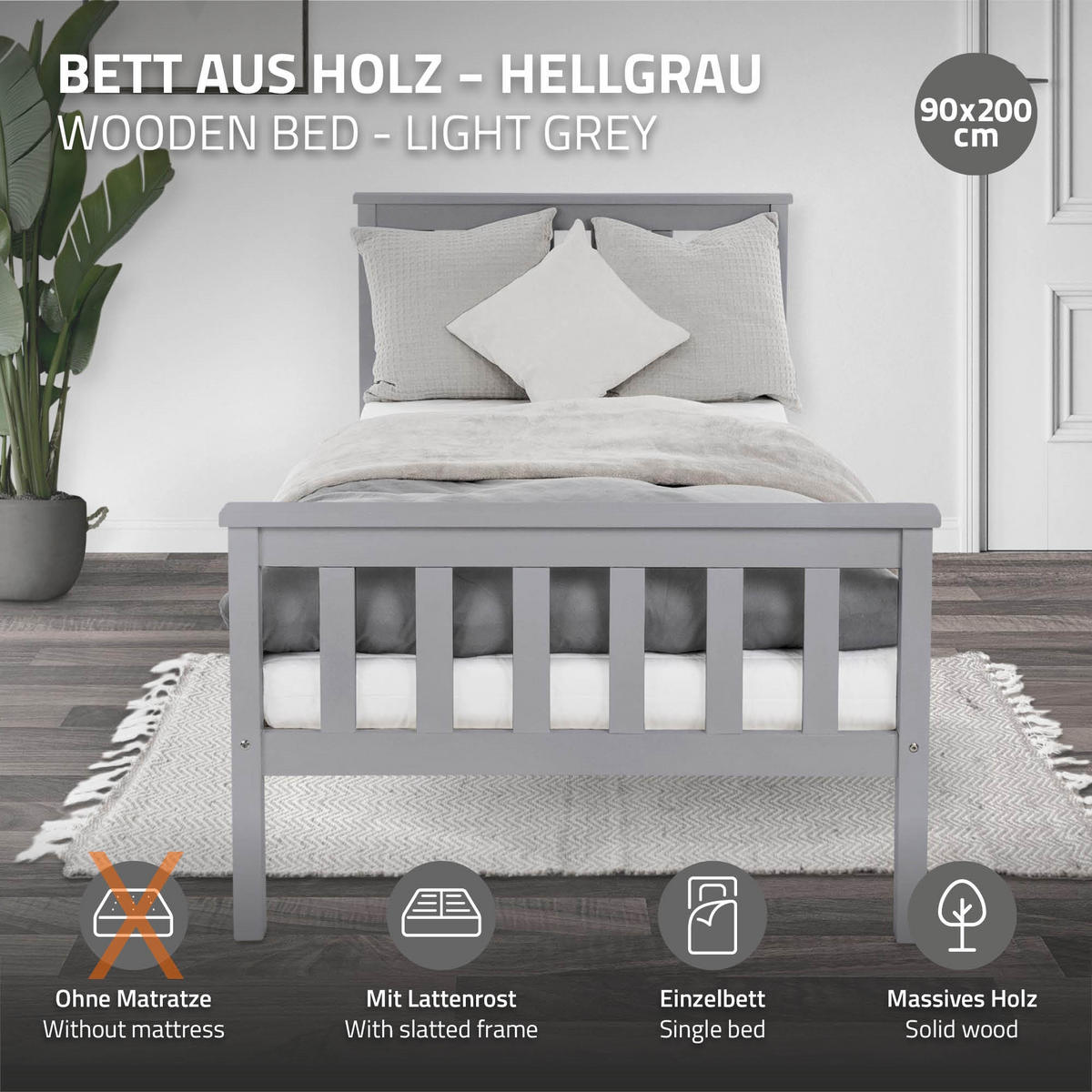 DŘEVĚNÁ POSTEL 90x200 cm světle šedá z borového dřeva s roštem - světle šedá, dřevo (90/200cm) - ML-DESIGN