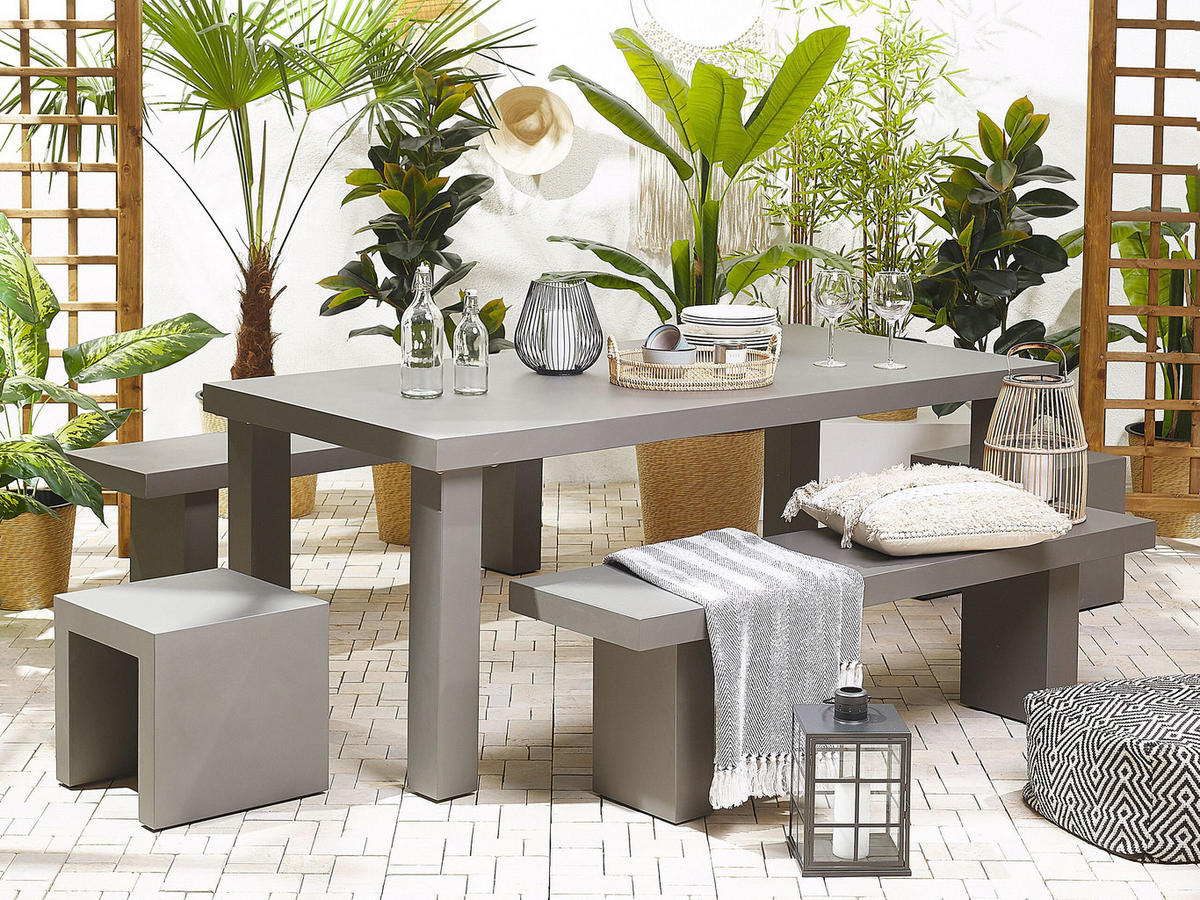 GARTENMÖBEL SET 6-Sitzer Beton grau 2 Bänke T-Form 2 Hocker Taranto - Grau, Stein - Beliani