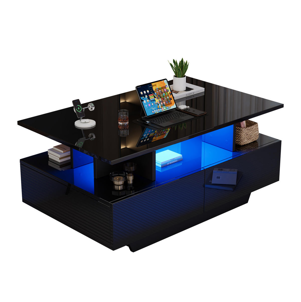 COUCHTISCH 90/55/41 cm in Schwarz mit LED-Beleuchtung und 2 Schubladen - Schwarz, Holzwerkstoff (90/55/41cm) - Flora Grace