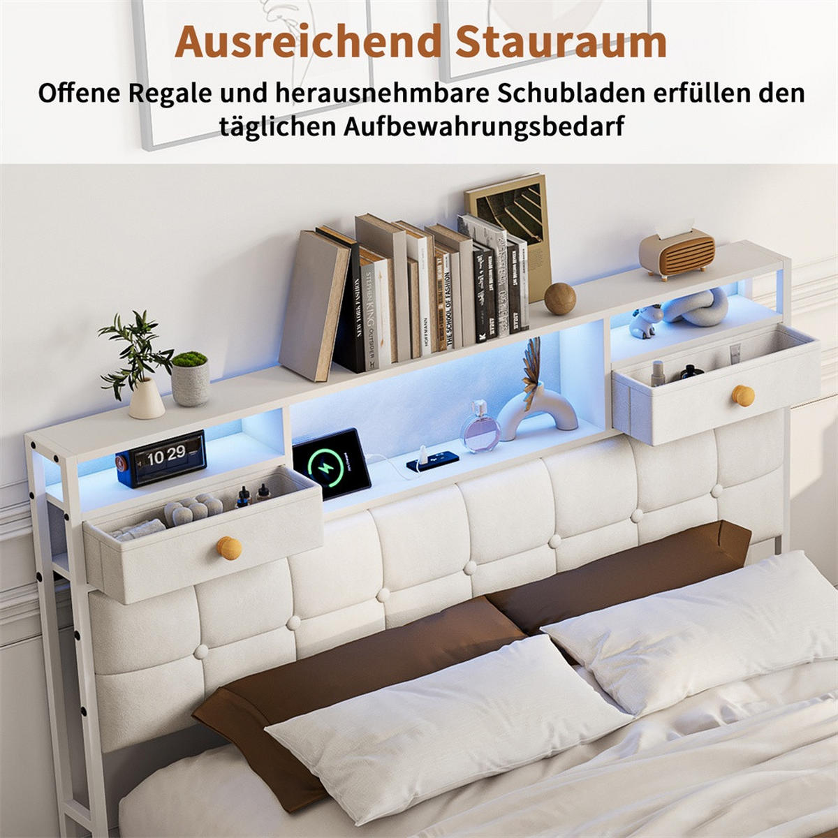POLSTERBETT 140x200 cm - mit LED-Beleuchtung, 2 Nachttisch-Schubladen und hydraulischem Bettkasten - Beige - Beige, Textil (140/200cm) - DELFA