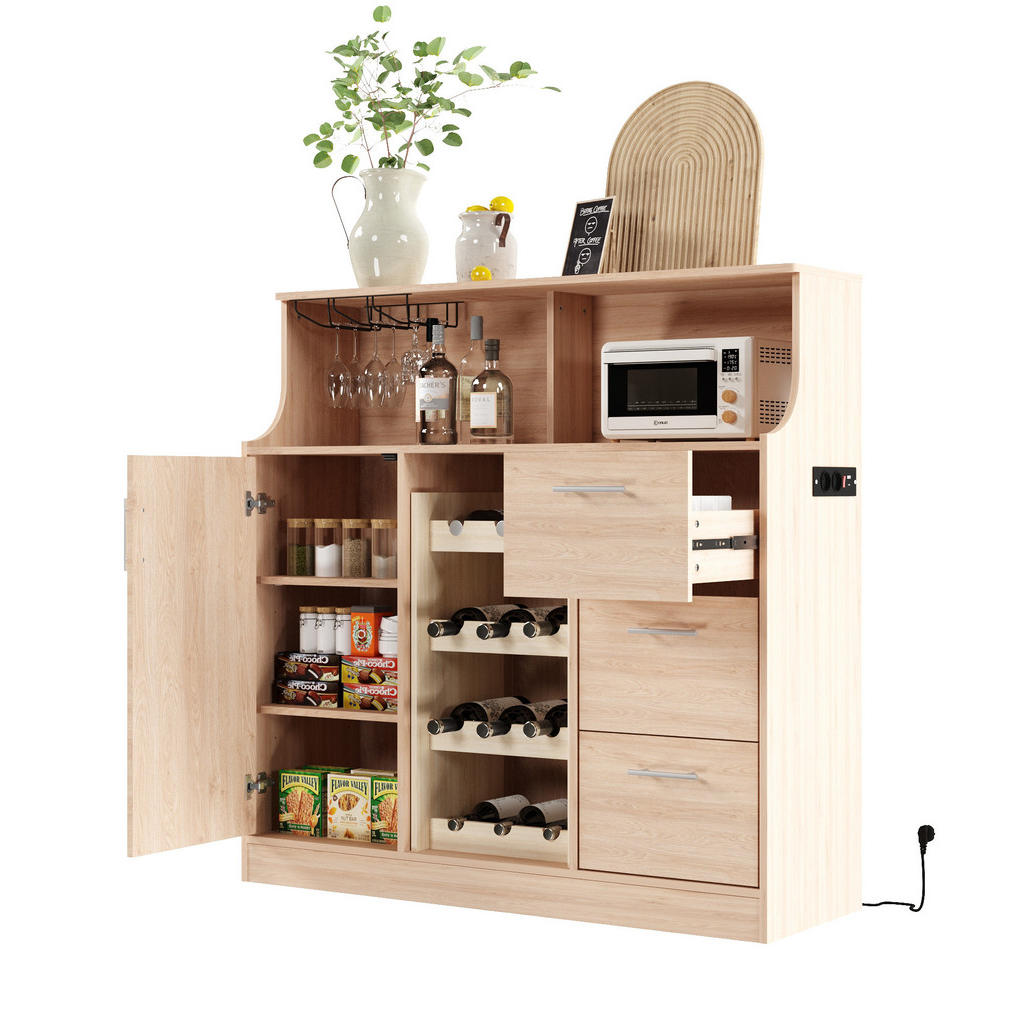 Modfu PŘÍBORNÍK z MDF 120x40x121 cm přírodní/bílý s LED osvětlením, zásuvkou a držákem sklenic
