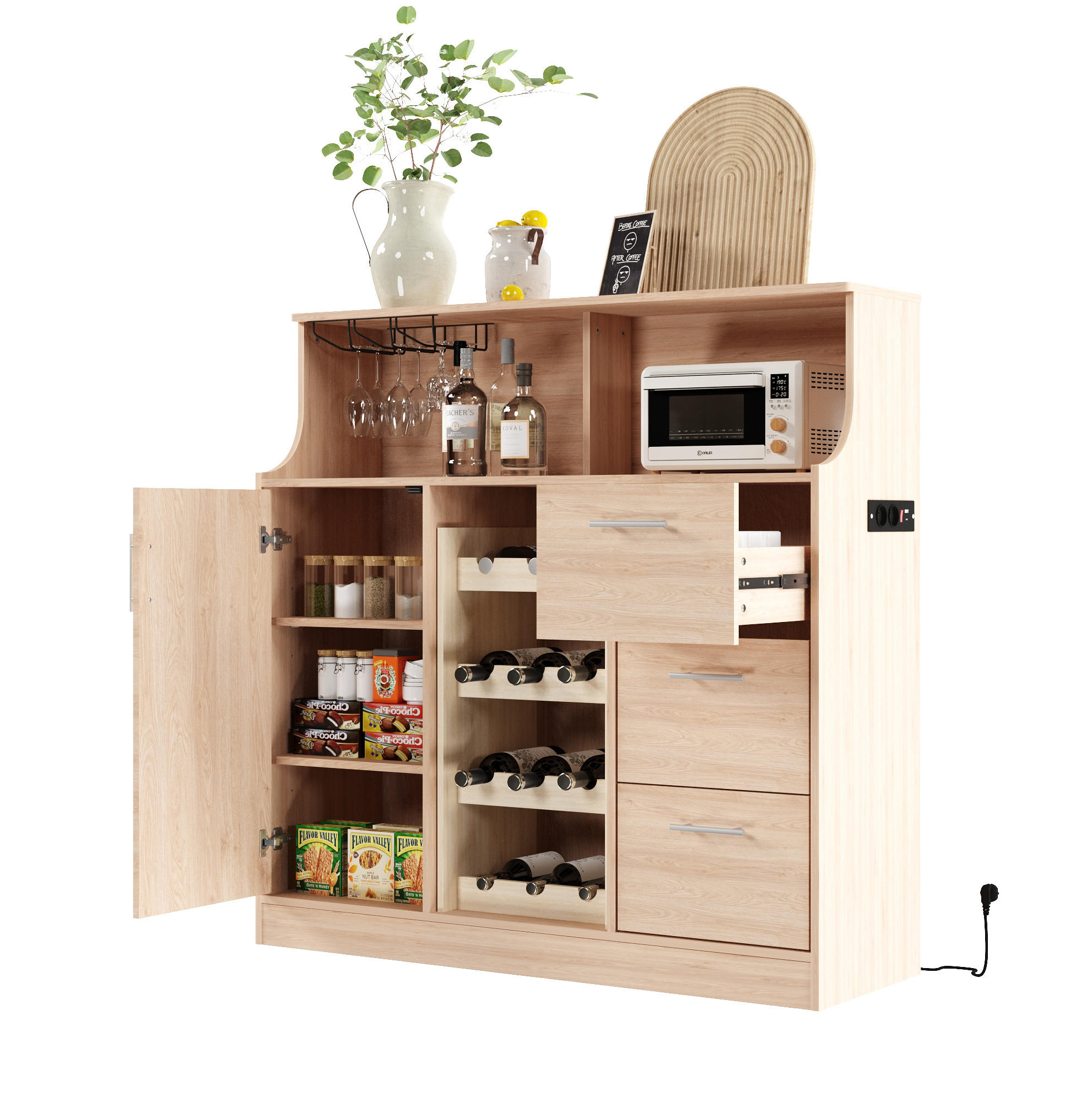 SIDEBOARD aus MDF 120x40x121 cm Natur/Weiß mit LED-Beleuchtung, Steckdose, Weinregal und Gläserhalter - Weiß, Holzwerkstoff (120/121/40cm) - Modfu
