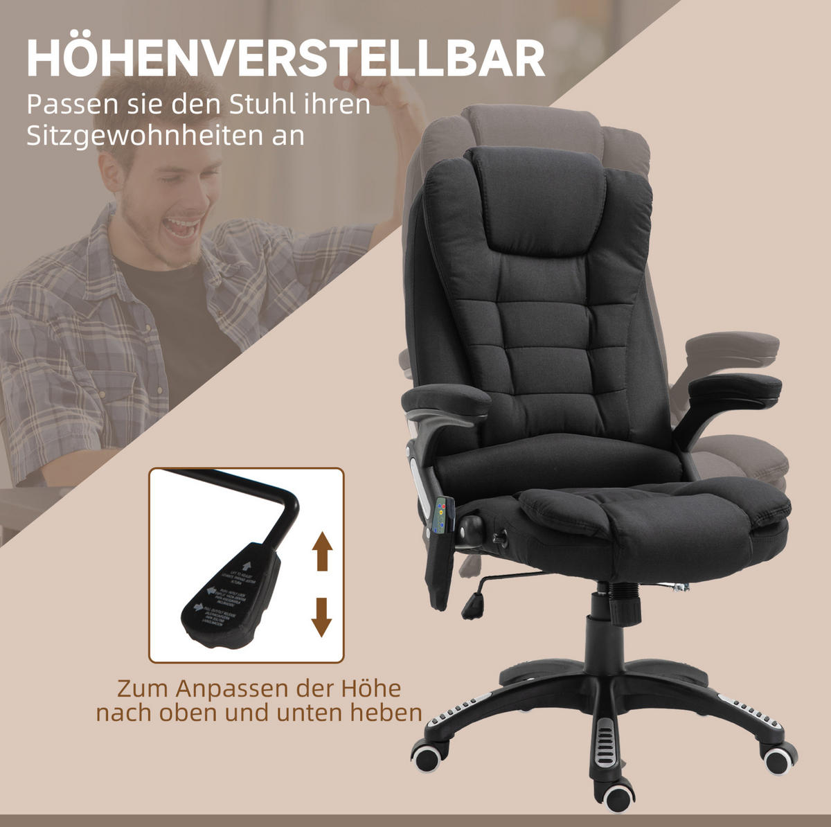 BÜROSTUHL mit Massagefunktion höhenverstellbar Schwarz - Schwarz, Kunststoff (72/120/68cm) - Meubliv