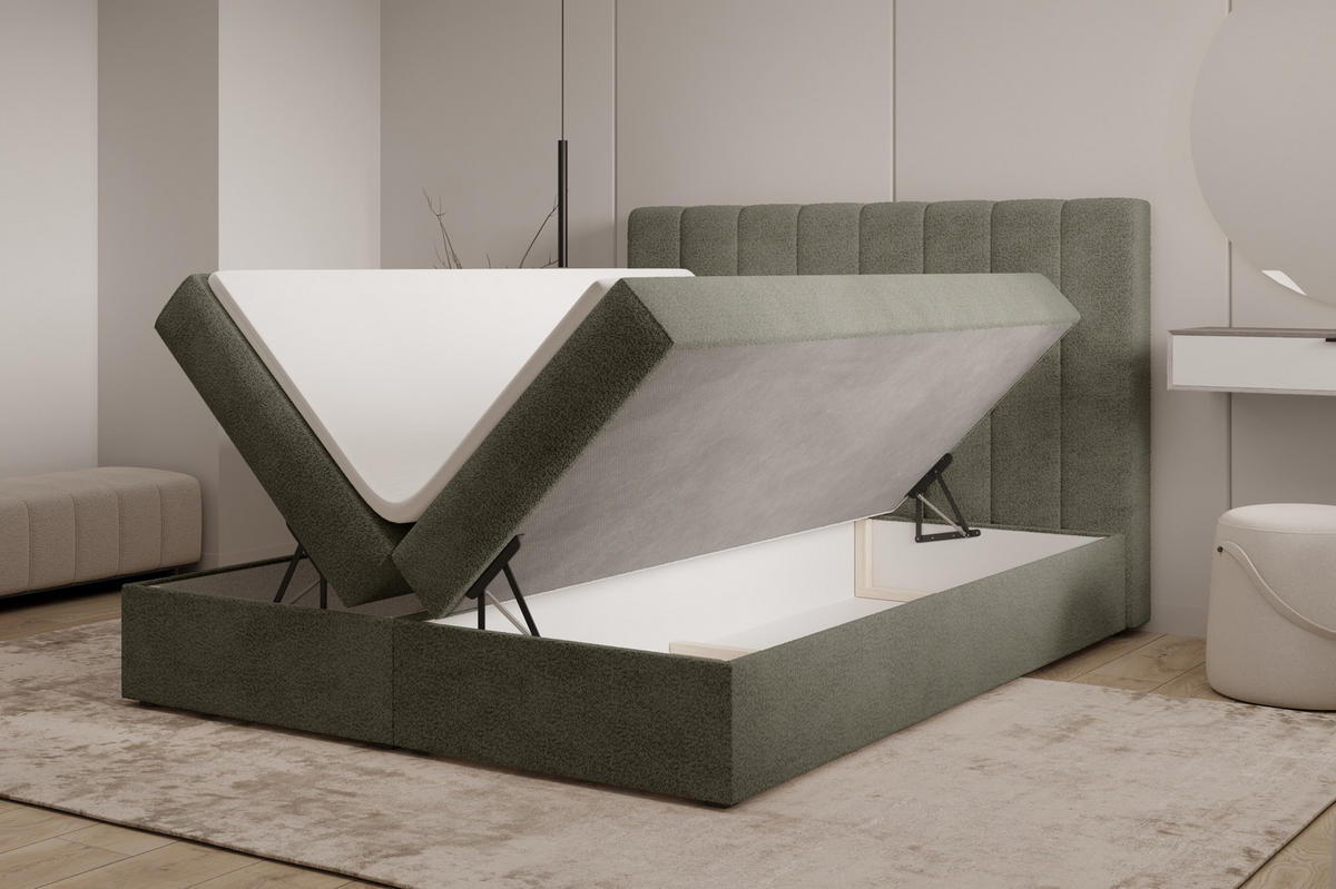 BOXBETT 01 140 x 200 cm - Arena – Stilvoll und bequem Mit Bettkasten, PU-Topper, Federmechanismus, waschbarer Bezug - Olivgrün, Holz (140/200cm) - ROYAL24_MARKT