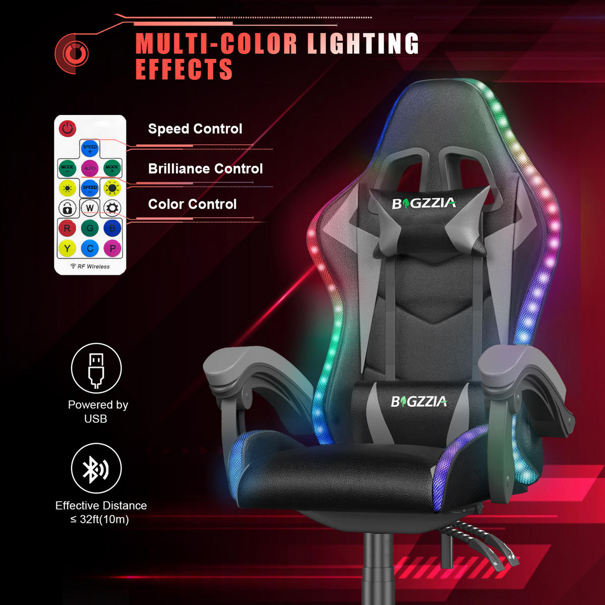 LED-GAMING-STOLICA Crno-Siva,Podesiva Visina,Lumbalna Potpora,Naslon za Glavu - siva, koža (53.5/117/54cm) - Rattantree