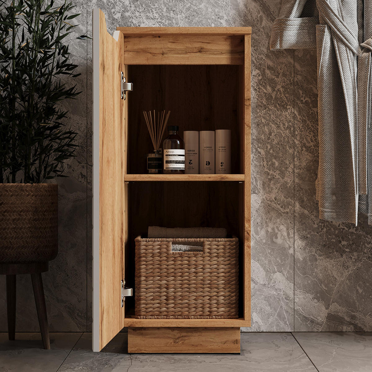 MIDISCHRANK Lotta Eiche/Weiß mit Kachelstruktur 33.4 x 81.9 cm - Eichefarben/Weiß, Holzwerkstoff (33.4/81.9/35cm) - Vicco