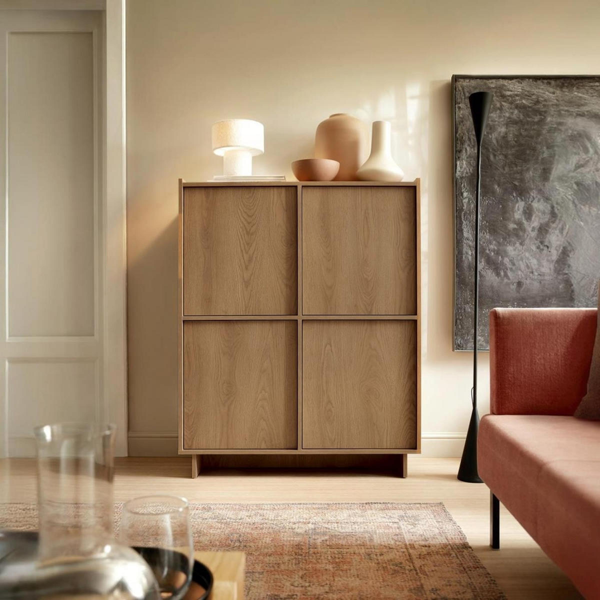 SUNA Highboard Japandi Design Kommode Eiche Caramel grifflos 124 cm hoch - Braun, Holzwerkstoff (98/124/39cm) - Bettso