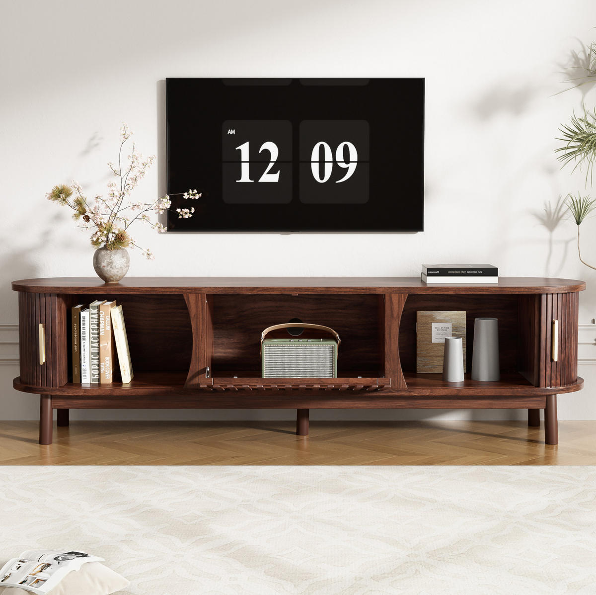 TV-LOWBOARD aus MDF 165x39,5x46 cm Braun mit Schiebetüren, Klapptür und 3 Staufächern - Braun, Holzwerkstoff (165/46/39.5cm) - Modfu