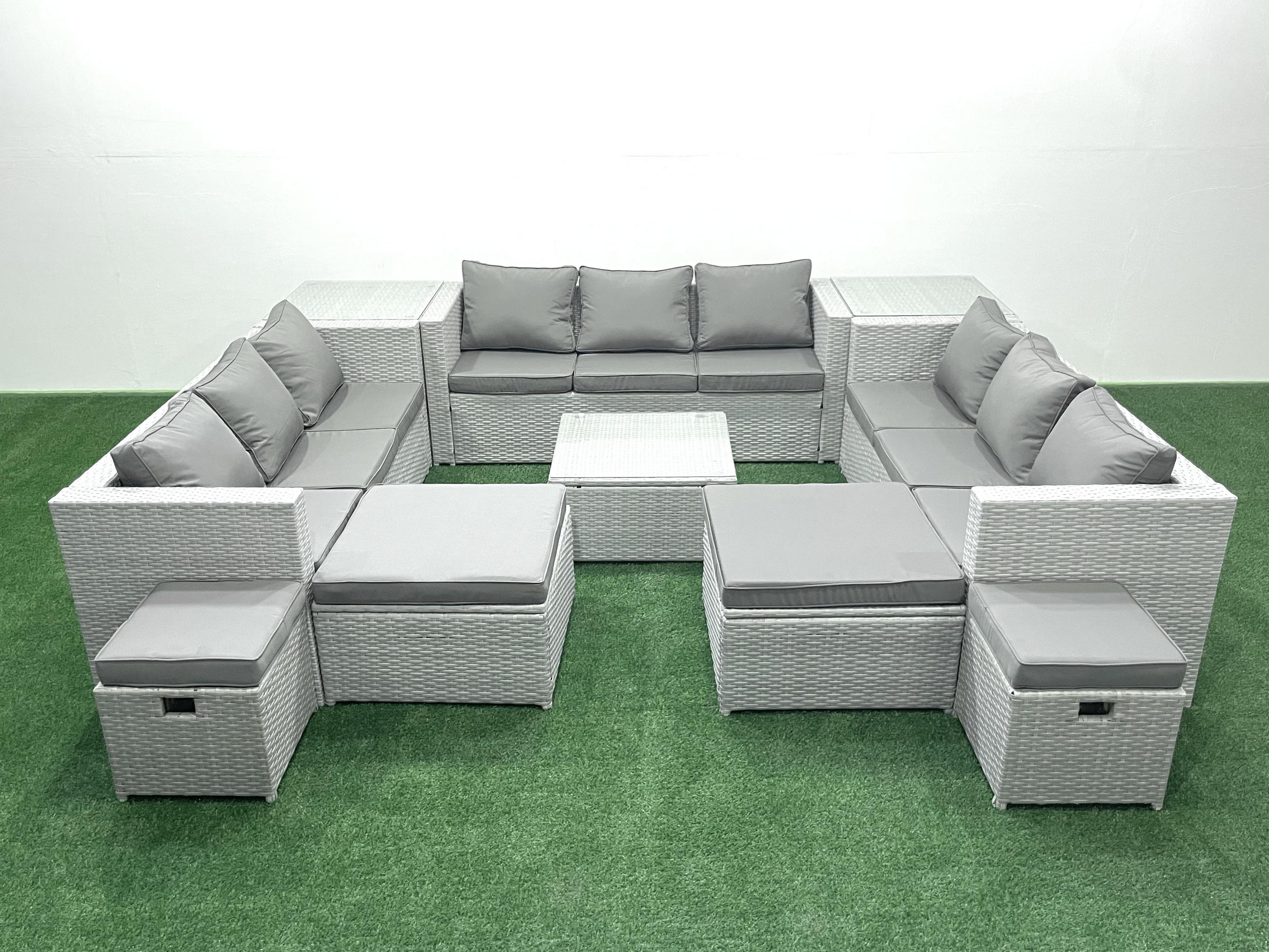 GARTENMÖBELSET mit 3-SITZER SOFA,COUCHTISCH Polyrattan Hellgrau-Mix 13-Sitzer - Hellgrau/Grau, Glas/Kunststoff - Fimous