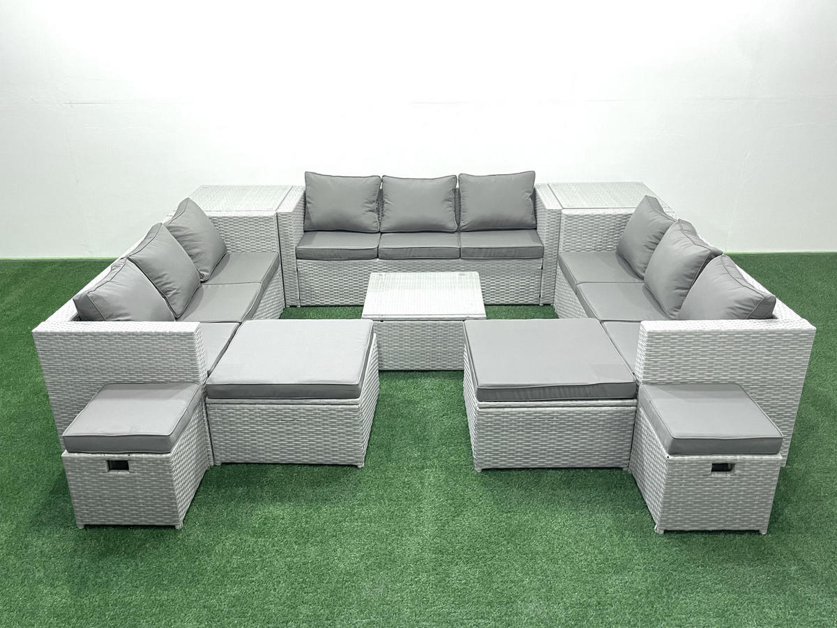 GARTENMÖBELSET mit 3-SITZER SOFA,COUCHTISCH Polyrattan Hellgrau-Mix 13-Sitzer - Hellgrau/Grau, Glas/Kunststoff - Fimous