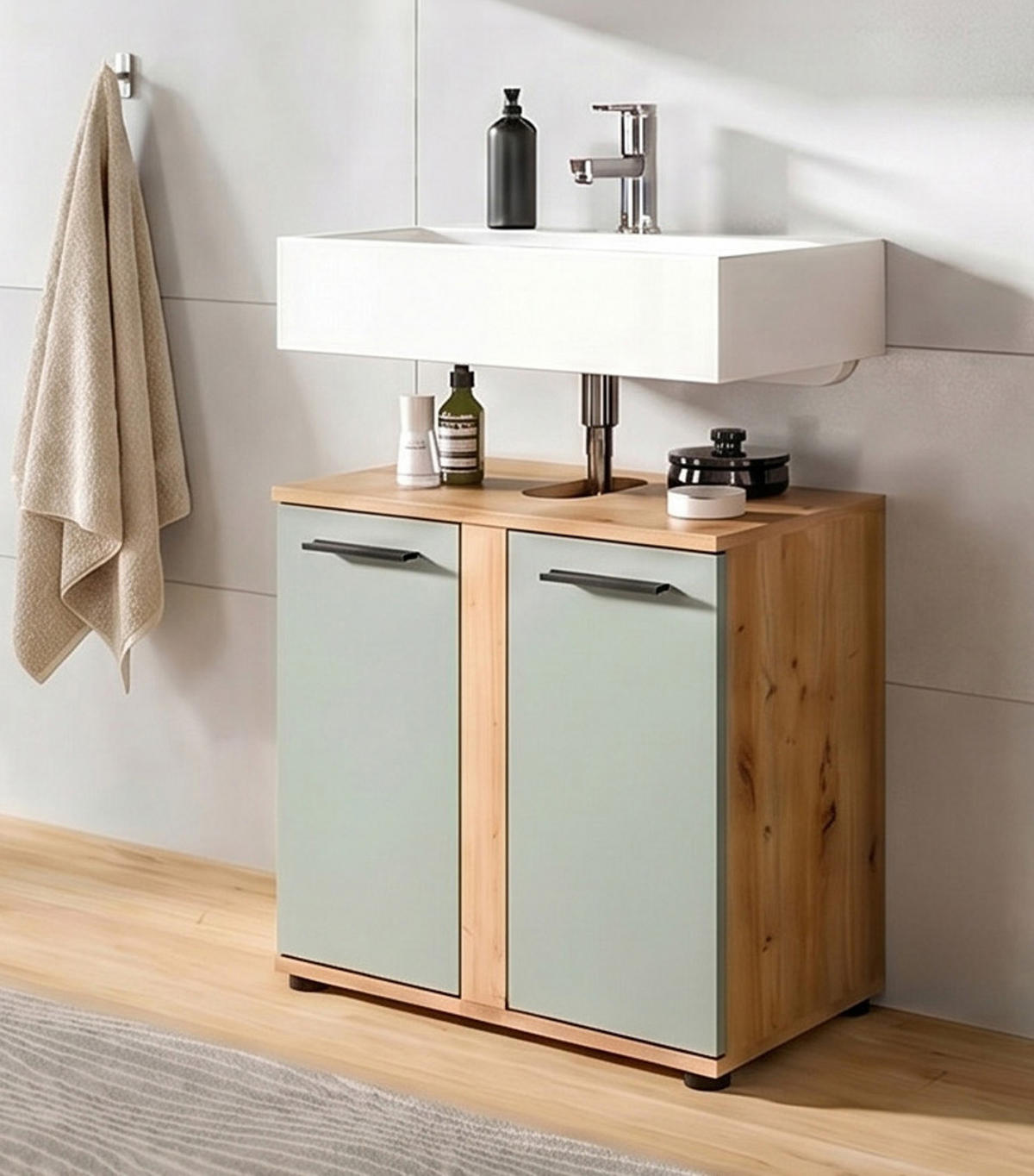 WASCHBECKENUNTERSCHRANK Salbei, Artisan Eiche, Badezimmer Unterschrank 60 cm - Salbeigrün/Schwarz, Holzwerkstoff/Kunststoff (60/57/34cm) - Inn.Furn