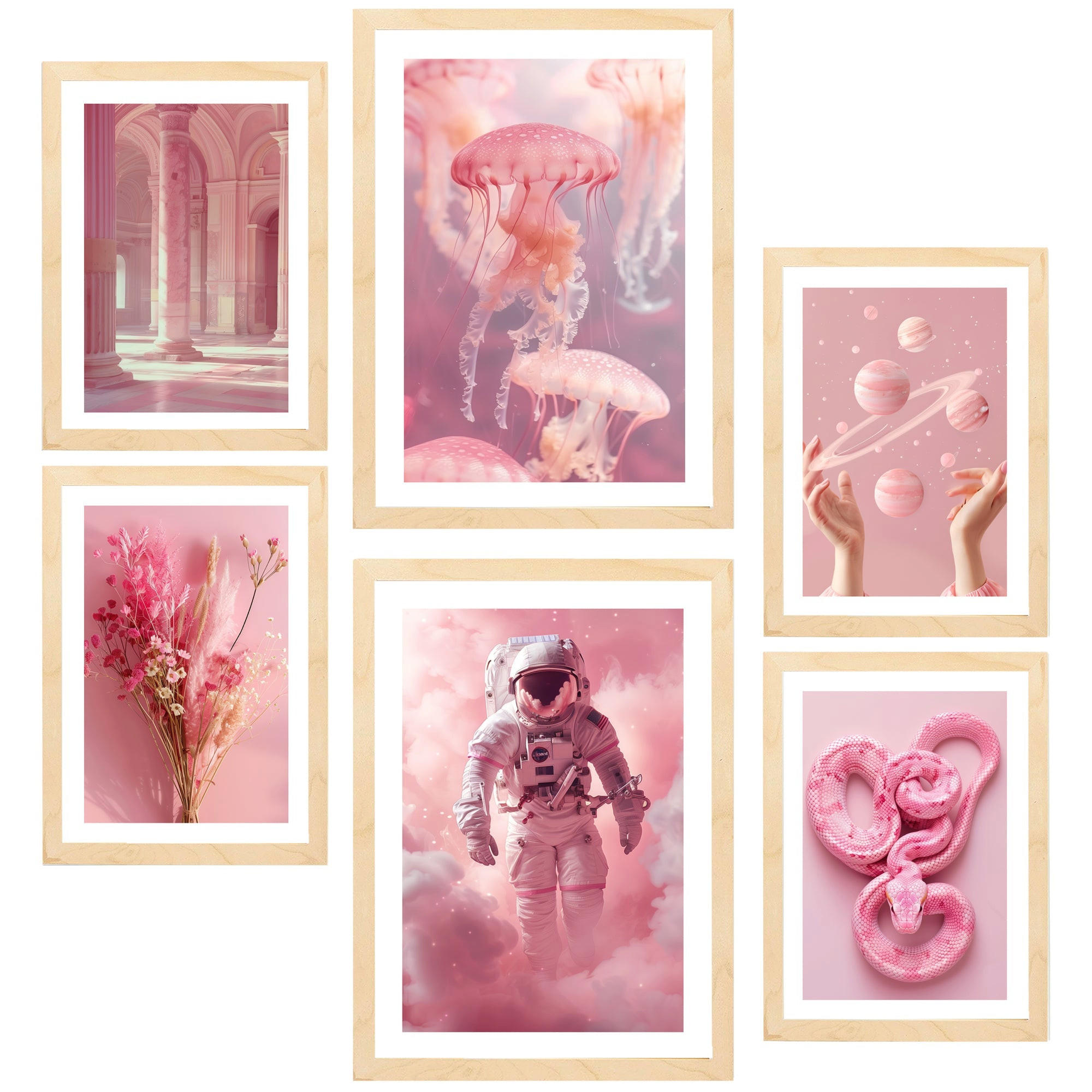 POSTER Set Mit 6 Pinke Komposition A3 & A4 Rahmen Aus Hellem Holz - Beige, Papier (29/3cm) - Nacnic